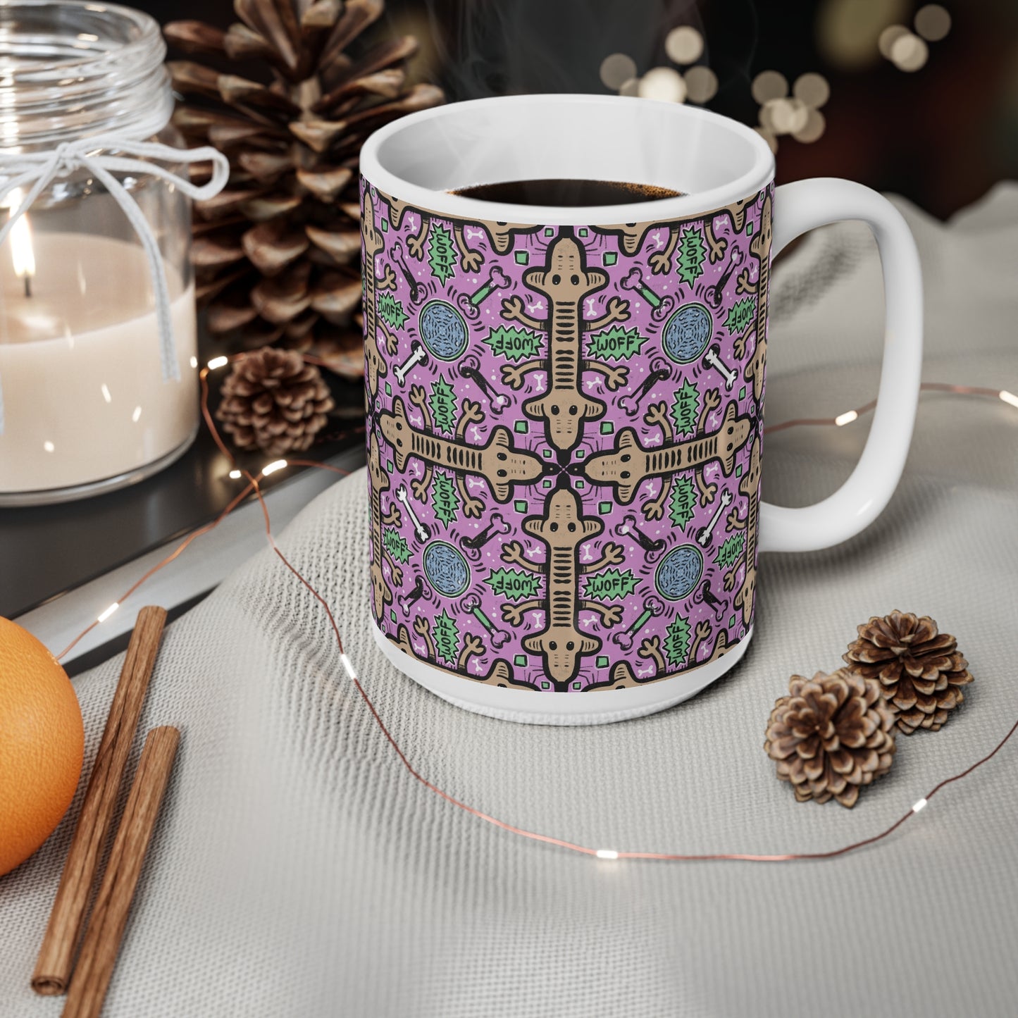 Mugs - Colourful Dog Repeat Pattern - 11oz, 15oz Ceramic Coffee Cups
