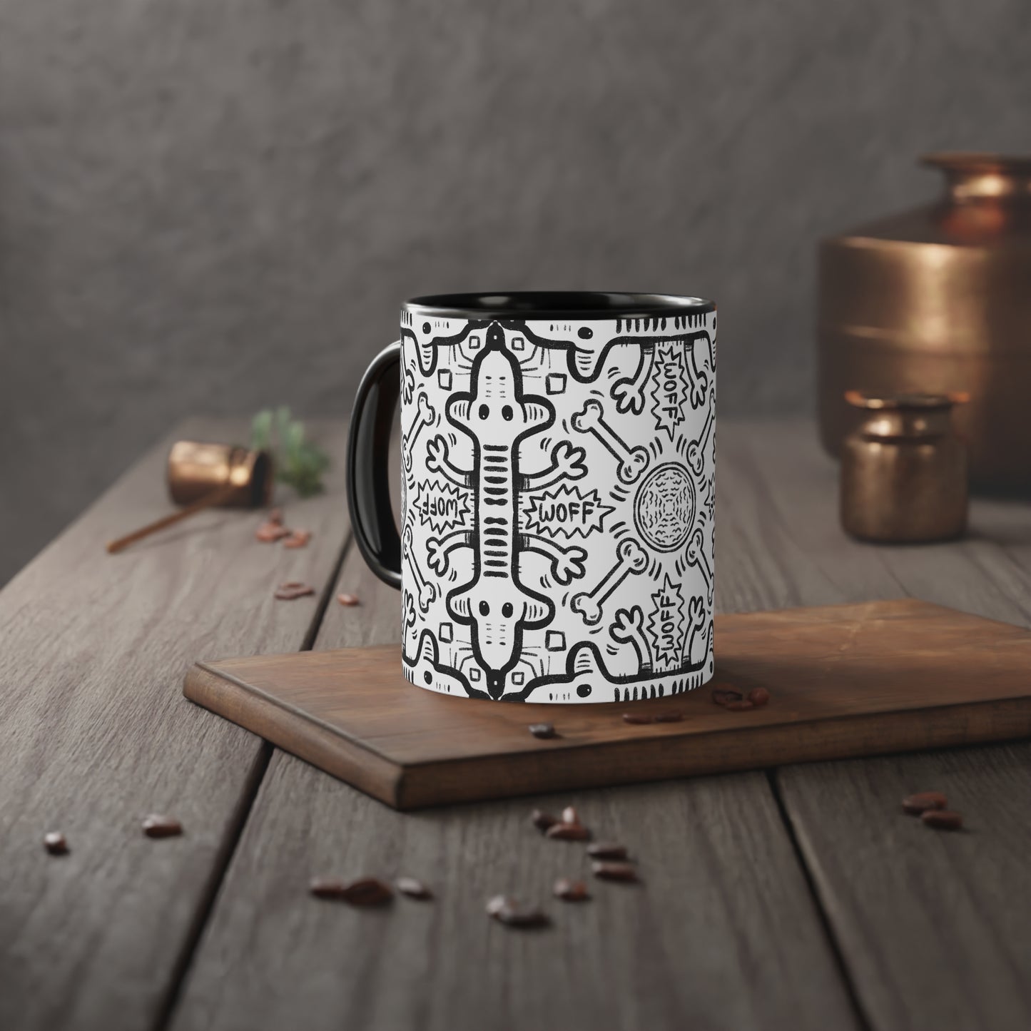 Mug - Black and White Dog Pattern Accent Mug, 11oz
